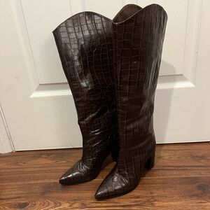 Schutz Maryana Brown Crocodile Embossed Tall Block Heel Boot 6B